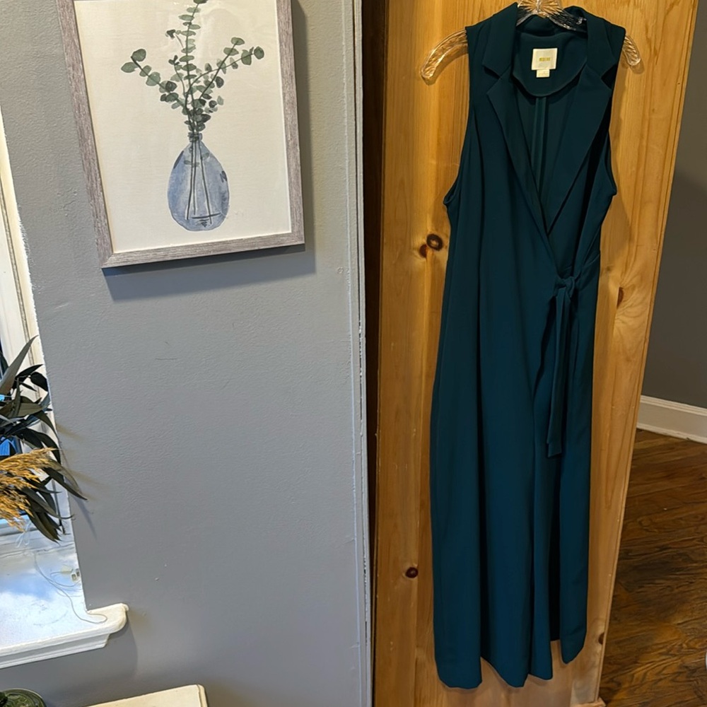Anthropologie Dark Teal Sleeveless Wrap Jumpsuit 14 w/ Pockets